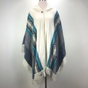 Alpaca Poncho Blue One Size Hooded Southwest White